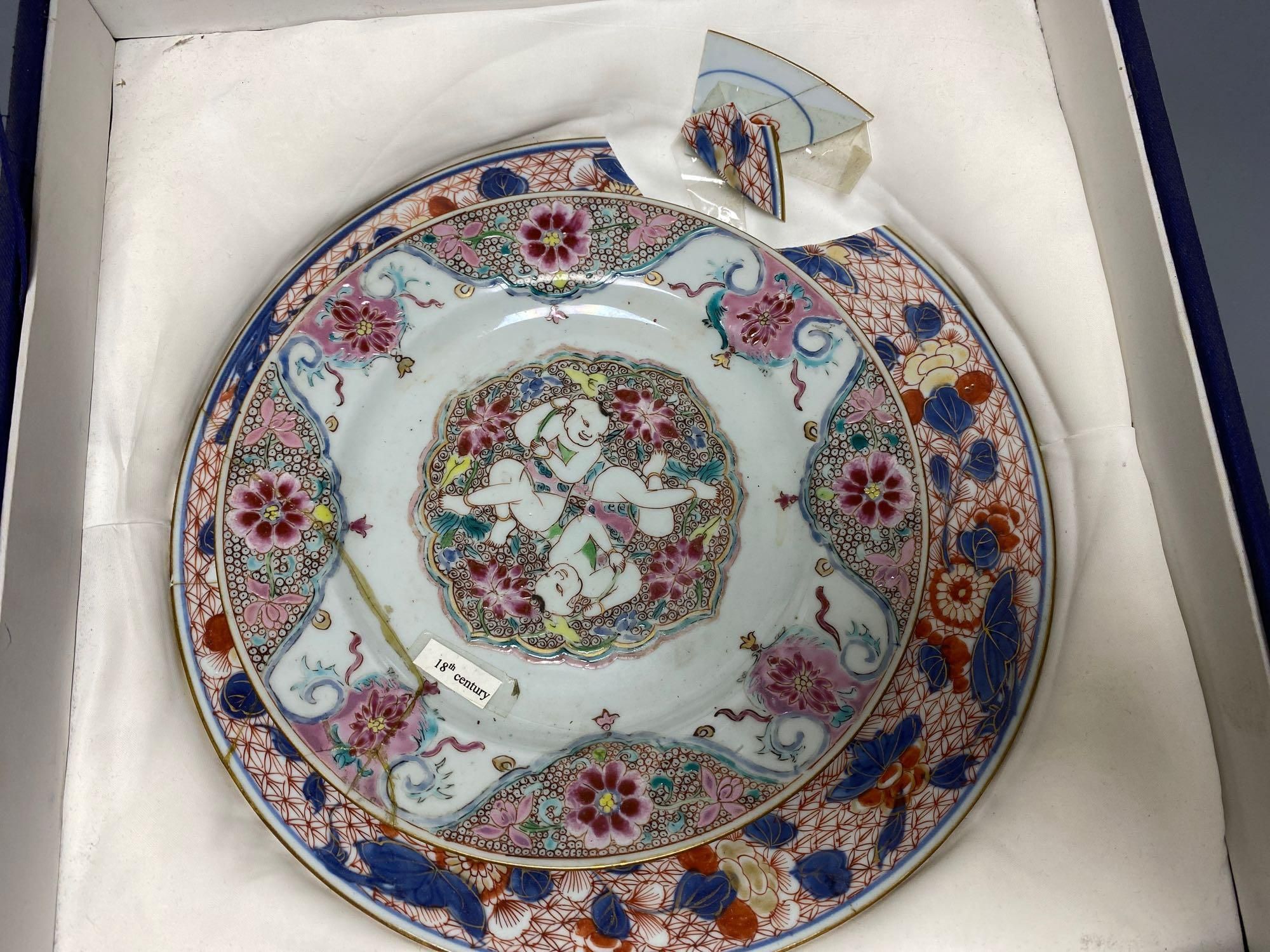 Three Chinese pseudo tobacco leaf plates and other 18th century Chinese export plates